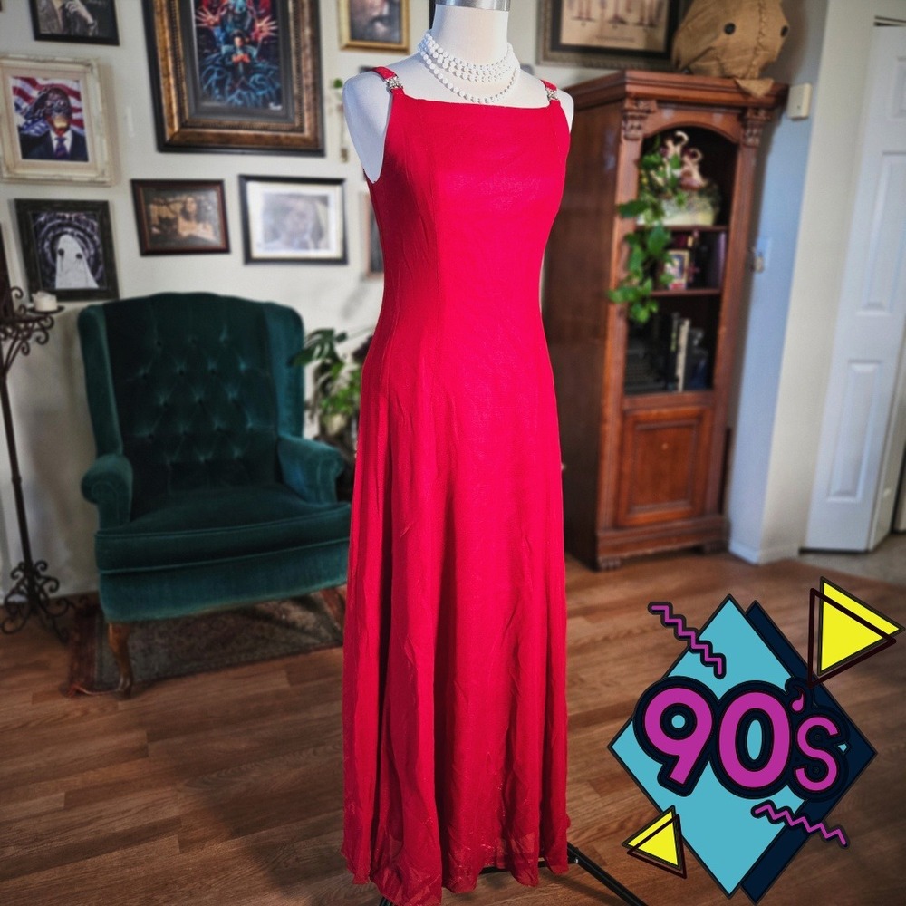 Vintage 90s Betsy & Adam Red Formal Evening Gown Rhinestone Strap‎ Prom Dress